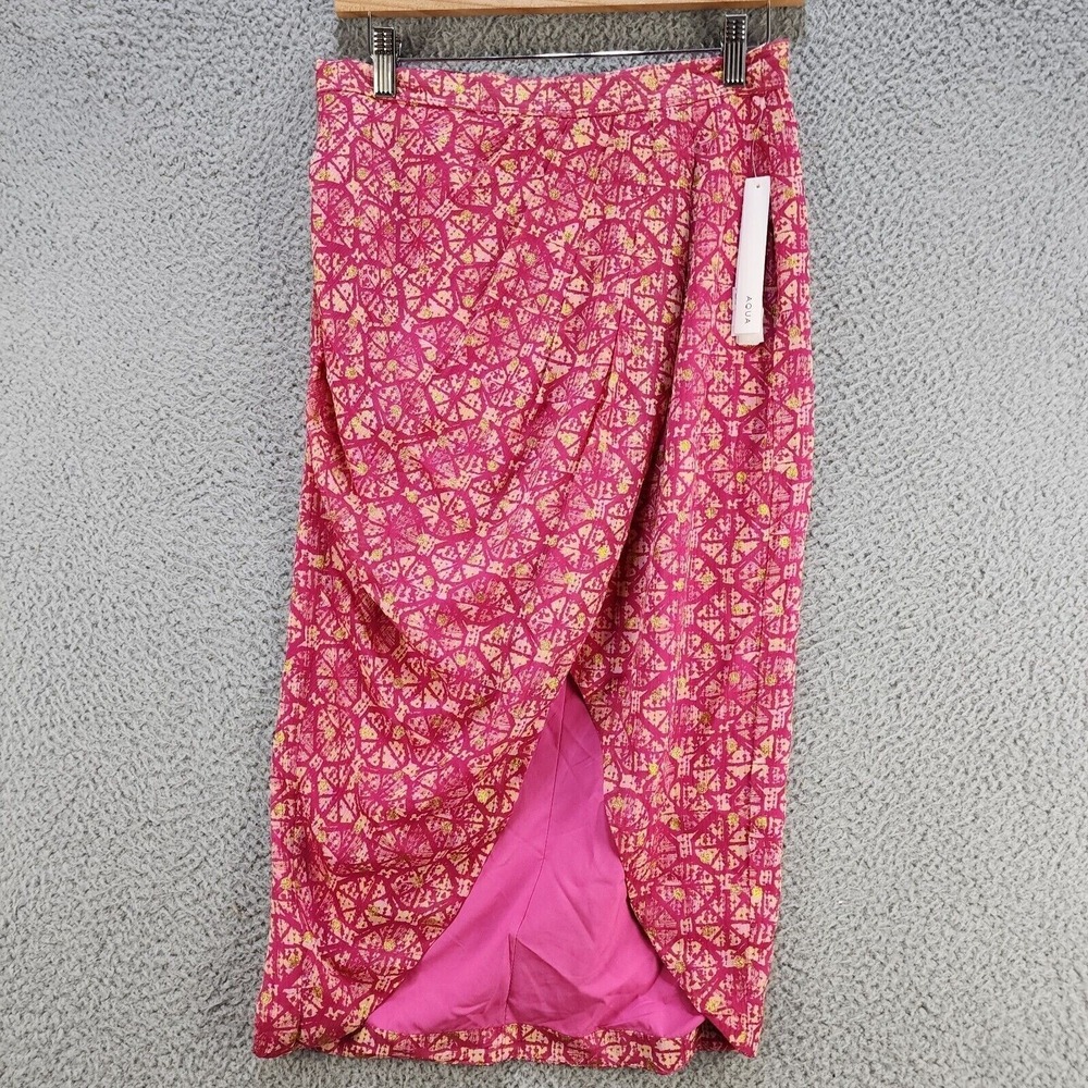 Aqua Pink Metallic Geometric Print Tulip Midi Wrap Skirt Party Cocktail Size M
